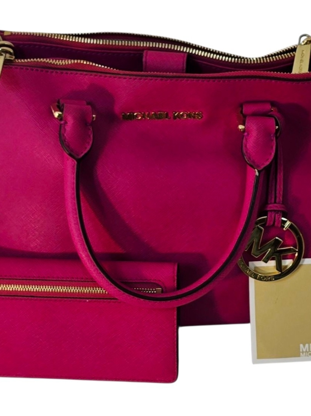 Michael Kors Sutton Medium Satchel Raspberry Pink Leather Bag + Wallet NWT - Picture 2 of 9
